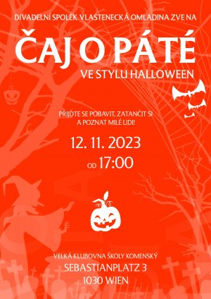 12.11.2023 Čaj o páté v duchu Halloweenu! Ať už se strašidelnou maskou nebo bez, přijďte si zatancovat a pobavit se!